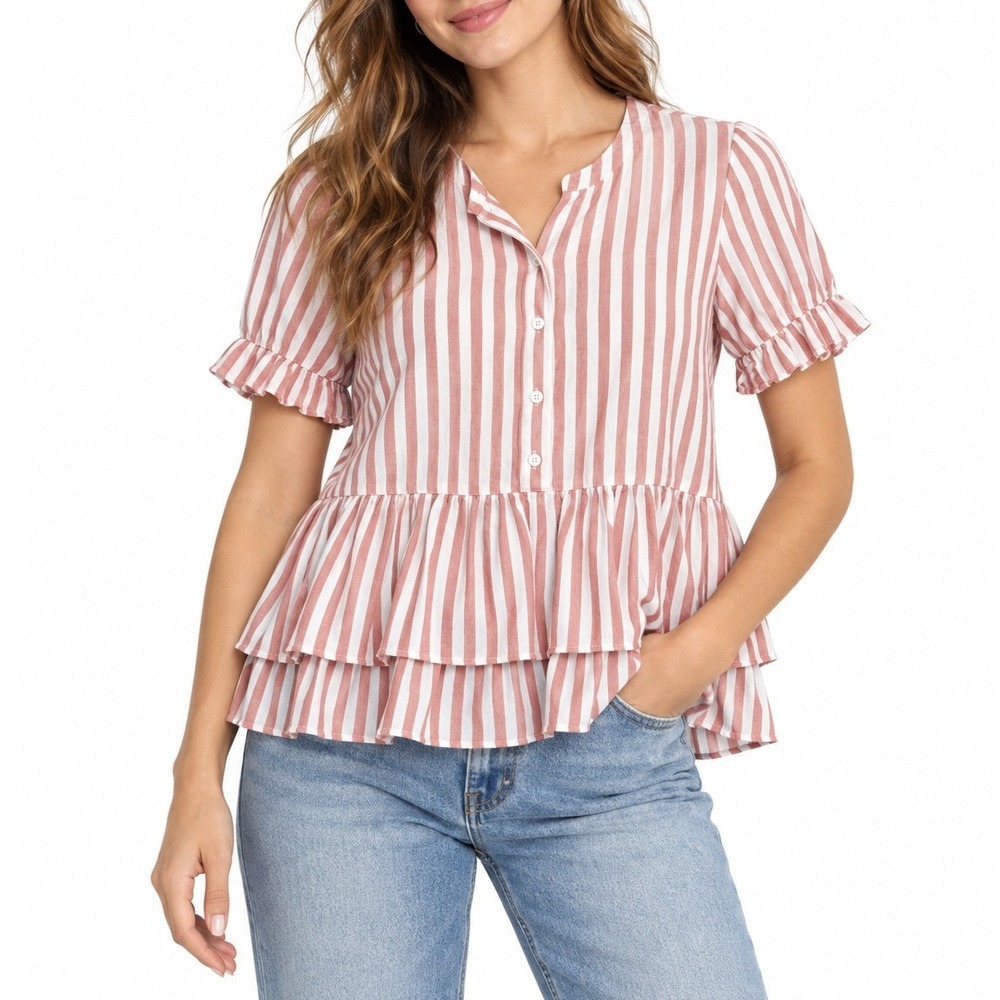 Madewell Pink White Striped Ruffle Peplum Button Front Top Size M Short Sleeve